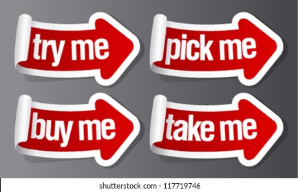 Pick me, buy me stickers in form of arrows.