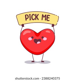 Pick Me Heart Mascot Icon. Vector Illustration of a Love Heart Character Holding a Pick Me Sign, Perfect for Lovely Invitation and Valentine's Greetings Card.