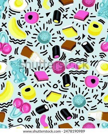 Pick and mix sweets vector seamless pattern in a simple flat design inspired by 80's graffiti