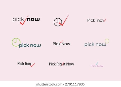 Pick Now Logo Collection  Modern Time And Check mark Typography Design