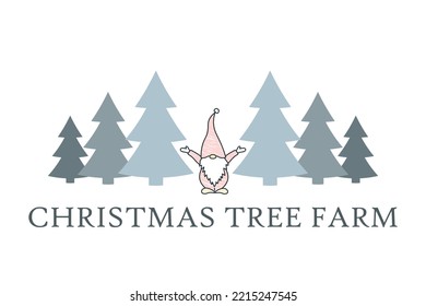 pick out the perfect tree at the Christmas tree farm, flat vector illustration, scandinavian gnome, graphics for invitation or gift card making