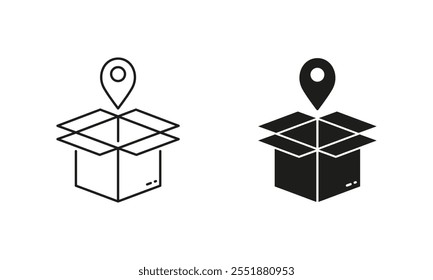 Pick Up Package Icon. Order Location Line and Silhouette Icon Set. Shipping Sign. Delivery Service Pictogram. Editable Stroke. Isolated Vector Illustration.