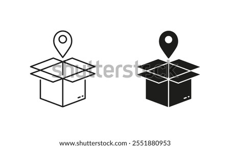 Pick Up Package Icon. Order Location Line and Silhouette Icon Set. Shipping Sign. Delivery Service Pictogram. Editable Stroke. Isolated Vector Illustration.