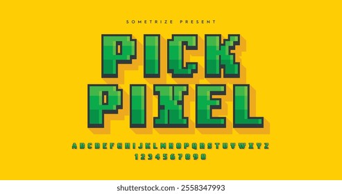 
Pick Pixel: A retro 8-bit font with a minimalistic style. Features playful, cartoon-inspired letters in a flat vector design, set against a vibrant yellow background