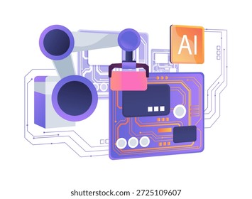 Selecionar e colocar robô conceito abstrato vetor ilustração. Robô de alta velocidade escolhe componentes eletrônicos e os coloca em placas de circuito impresso. metáfora abstrata.