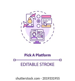 Pick platform for chatting with partner concept icon. Dating apps services variety ideas thin line illustration. Mobile or computer website version isolated outline RGB color drawing. Editable stroke