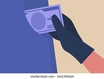 Pick Pocketing: Gloved Hand Stealing Money From Victim's Pocket, Financial Crime
