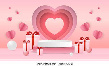 Pick Podium with gift and heart minimal abstract background , 3D stage podium display product , stand to show cosmetic products ,illustration 3d Vector EPS 10