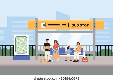 Ponto de atendimento. Pessoas esperando ônibus no ponto de recolha. Abrigo de transporte da cidade. Férias de ônibus. Busstation. Abrigo de parada de ônibus. 