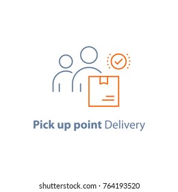 Pick up point, receive order box, collect parcel, delivery service, package shipment, vector line icon, thin stroke