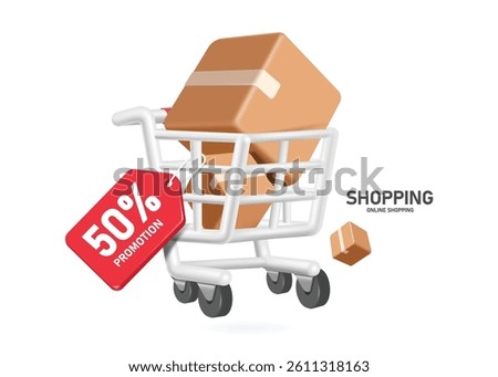 Pick up products or cardboard boxes and put them in shopping carts used in supermarkets or department stores and receive a 50% discount promotion, vector 3d isolated for delivery and online shopping