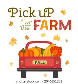 Pick up pumpkins at Farm flat color vector banner. Fall season pumpkin patches cartoon design element. Autumn vegetables harvest background. Pumpkin picking Festival Market fun template illustration.