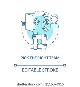 Pick right team turquoise concept icon. Escape room strategy abstract idea thin line illustration. Team bonding activity. Isolated outline drawing. Editable stroke. Arial, Myriad Pro-Bold fonts used