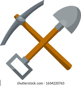 Pick and shovel. Miner and digger tool. Items for extraction of minerals. Logo of Labour and work. Rural tool. Iron pickaxe. Cartoon flat illustration