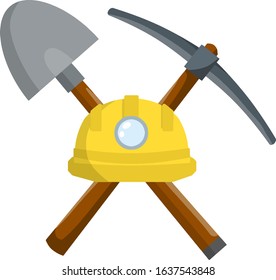 Pick and shovel. Miner and digger tool. Items for extraction of minerals. Logo of Labour and work. Rural tool. Iron pickaxe. Cartoon flat illustration. Industrial yellow helmet with flashlight