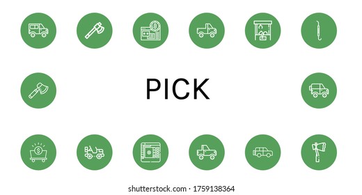 pick simple icons set. Contains such icons as Jeep, Axe, Mining, Claw machine, Pick, Mine, Color picker, can be used for web, mobile and logo