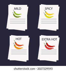 Pick a spicy level of pepper. Chili pepper hotness rating indicator. A  saturation level In document from mild to extra hot. Asian and mexican fast food with red sauce. Extra, mild, hot, medium.Vector