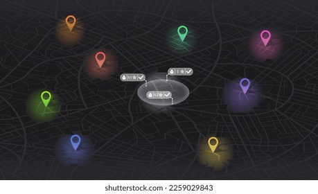 Pick up taxi. Gps map navigation to own house. Detailed view of city. Passenger location sharing for driver. City top view. Online navigation. Flat style, Vector, illustration isolated.