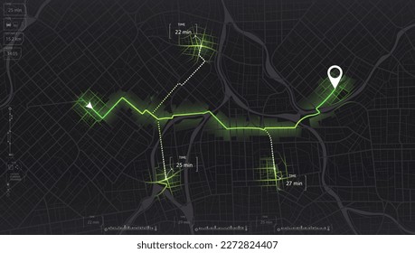 Nehmen Sie ein Taxi. GPS-Karte Navigation zu eigenen Haus. Detaillierte Sicht auf die Stadt. Aufteilung der Fahrgäste für den Fahrer. Das Dashboard enthält Adressspuren. 3D-Datenashboard. Stadtplan für Autobahnen.