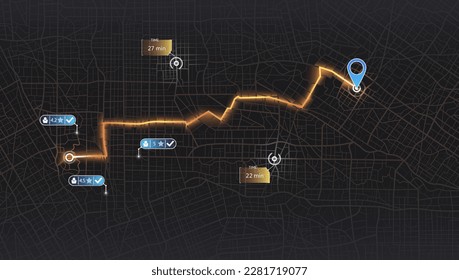 Pick up taxi. Gps map navigation to own house. Detailed view of city. Passenger location sharing for driver. City top view. Online navigation. Flat style, Vector, illustration isolated.