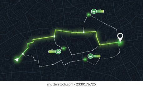 Pick up taxi. Gps map navigation to own house. Detailed view of city. Passenger location sharing for driver. Urban highway plan. Pin location signs. Vector, Abstract transportation illustration