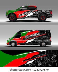 Pick up truck and cargo van car wrap design vector. Graphic abstract stripe racing background kit designs for wrap vehicle, race car, branding car.