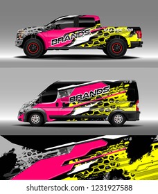 Pick up truck and cargo van car wrap design vector. Graphic abstract stripe racing background kit designs for wrap vehicle, race car, branding car.