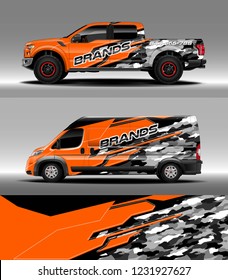 Pick up truck and cargo van car wrap design vector. Graphic abstract stripe racing background kit designs for wrap vehicle, race car, branding car.