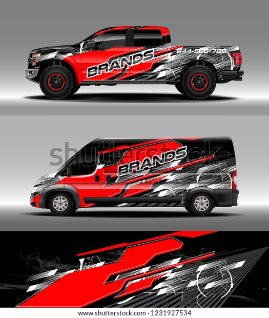 Pick up truck and cargo van car wrap design\
vector. Graphic abstract stripe racing background kit designs for\
wrap vehicle, race car, branding\
car.
