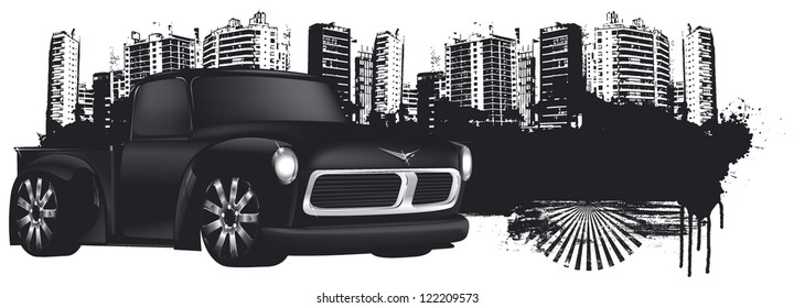 pick up truck with city background