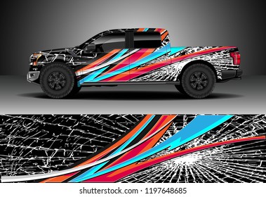 Pick up truck decal design vector. Graphic abstract stripe racing background kit designs for wrap vehicle, race car, adventure and livery
