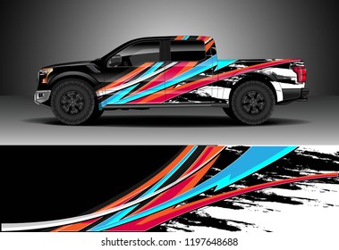 Pick up truck decal design vector. Graphic abstract stripe racing background kit designs for wrap vehicle, race car, adventure and livery