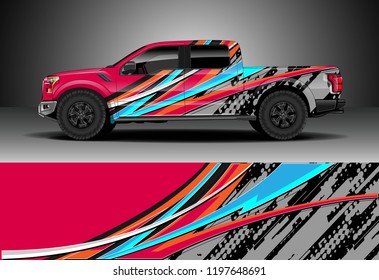 Pick up truck decal design vector. Graphic abstract stripe racing background kit designs for wrap vehicle, race car, adventure and livery