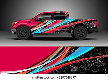 Pick up truck decal design vector. Graphic abstract stripe racing background kit designs for wrap vehicle, race car, adventure and livery