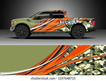 Pick up truck decal design vector. Graphic abstract stripe racing background kit designs for wrap vehicle, race car, adventure and livery