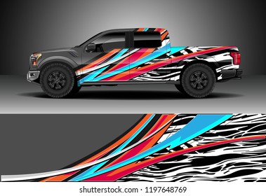 Pick up truck decal design vector. Graphic abstract stripe racing background kit designs for wrap vehicle, race car, adventure and livery