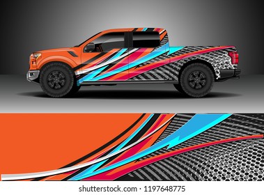 Pick up truck decal design vector. Graphic abstract stripe racing background kit designs for wrap vehicle, race car, adventure and livery