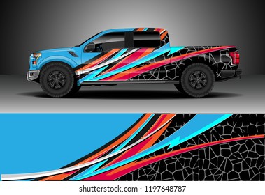 Pick up truck decal design vector. Graphic abstract stripe racing background kit designs for wrap vehicle, race car, adventure and livery