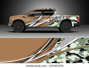 Pick up truck decal design vector. Graphic abstract stripe racing background kit designs for wrap vehicle, race car, adventure and livery