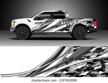 Pick up truck decal design vector. Graphic abstract stripe racing background kit designs for wrap vehicle, race car, adventure and livery