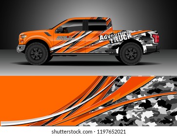Pick up truck decal design vector. Graphic abstract stripe racing background kit designs for wrap vehicle, race car, adventure and livery