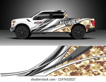 Pick up truck decal design vector. Graphic abstract stripe racing background kit designs for wrap vehicle, race car, adventure and livery