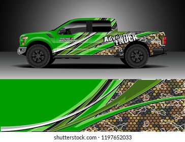 Pick up truck decal design vector. Graphic abstract stripe racing background kit designs for wrap vehicle, race car, adventure and livery
