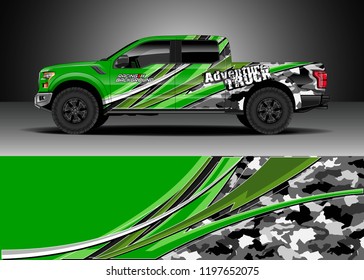 Pick up truck decal design vector. Graphic abstract stripe racing background kit designs for wrap vehicle, race car, adventure and livery