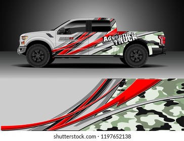 Pick up truck decal design vector. Graphic abstract stripe racing background kit designs for wrap vehicle, race car, adventure and livery