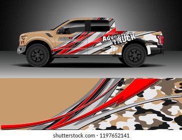 Pick up truck decal design vector. Graphic abstract stripe racing background kit designs for wrap vehicle, race car, adventure and livery
