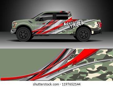 Pick up truck decal design vector. Graphic abstract stripe racing background kit designs for wrap vehicle, race car, adventure and livery