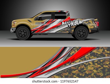 Pick up truck decal design vector. Graphic abstract stripe racing background kit designs for wrap vehicle, race car, adventure and livery