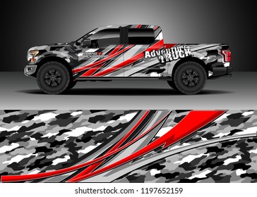 Pick up truck decal design vector. Graphic abstract stripe racing background kit designs for wrap vehicle, race car, adventure and livery