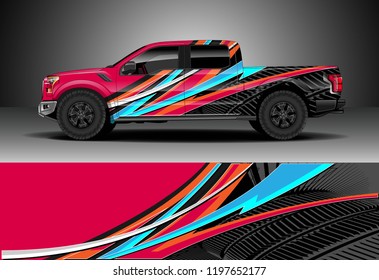 Pick up truck decal design vector. Graphic abstract stripe racing background kit designs for wrap vehicle, race car, adventure and livery